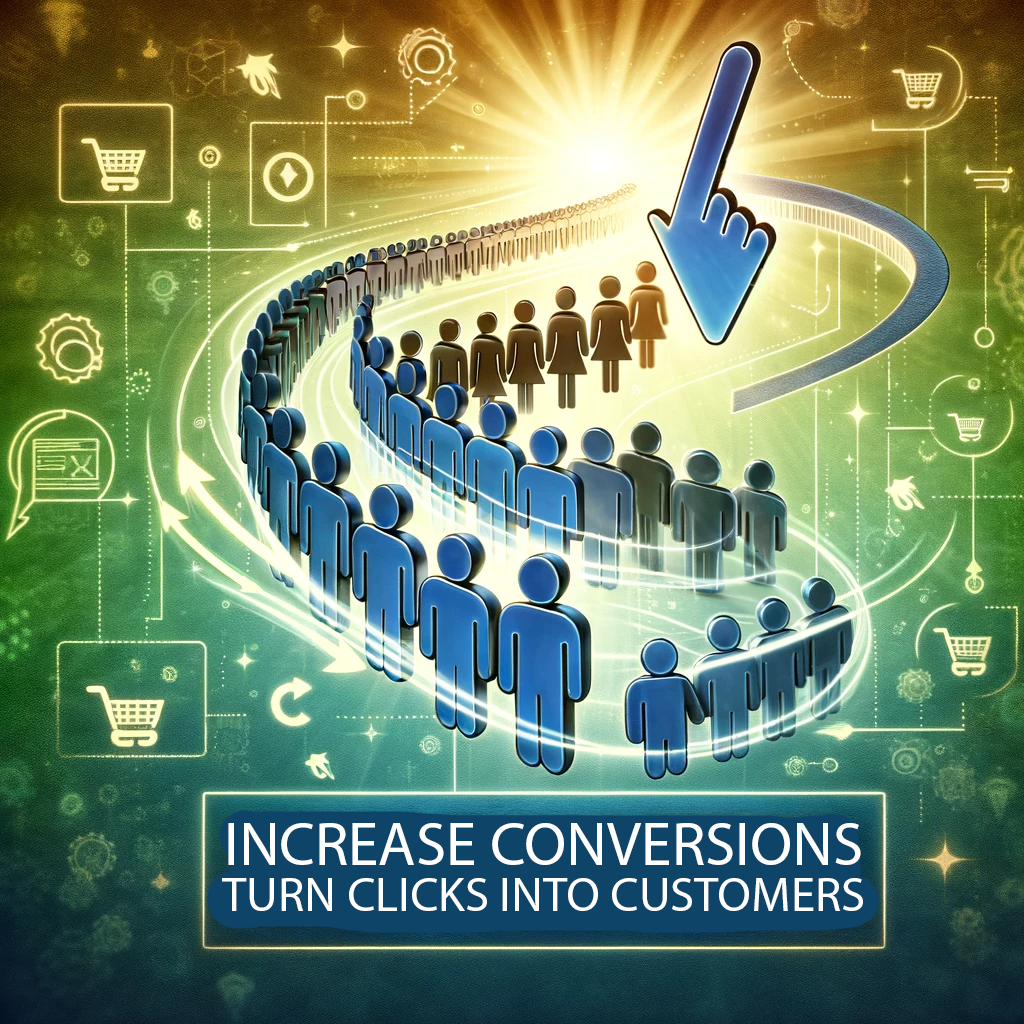 DALL·E 2023 12 04 12.14.15 A conceptual image illustrating 'Increase Conversions Turn clicks into customers.' The image features a symbolic transformation from a simple mouse c