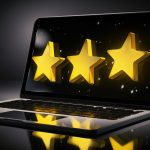 Laptop with review rating. Reviews stars with good and bad rate. AI generated