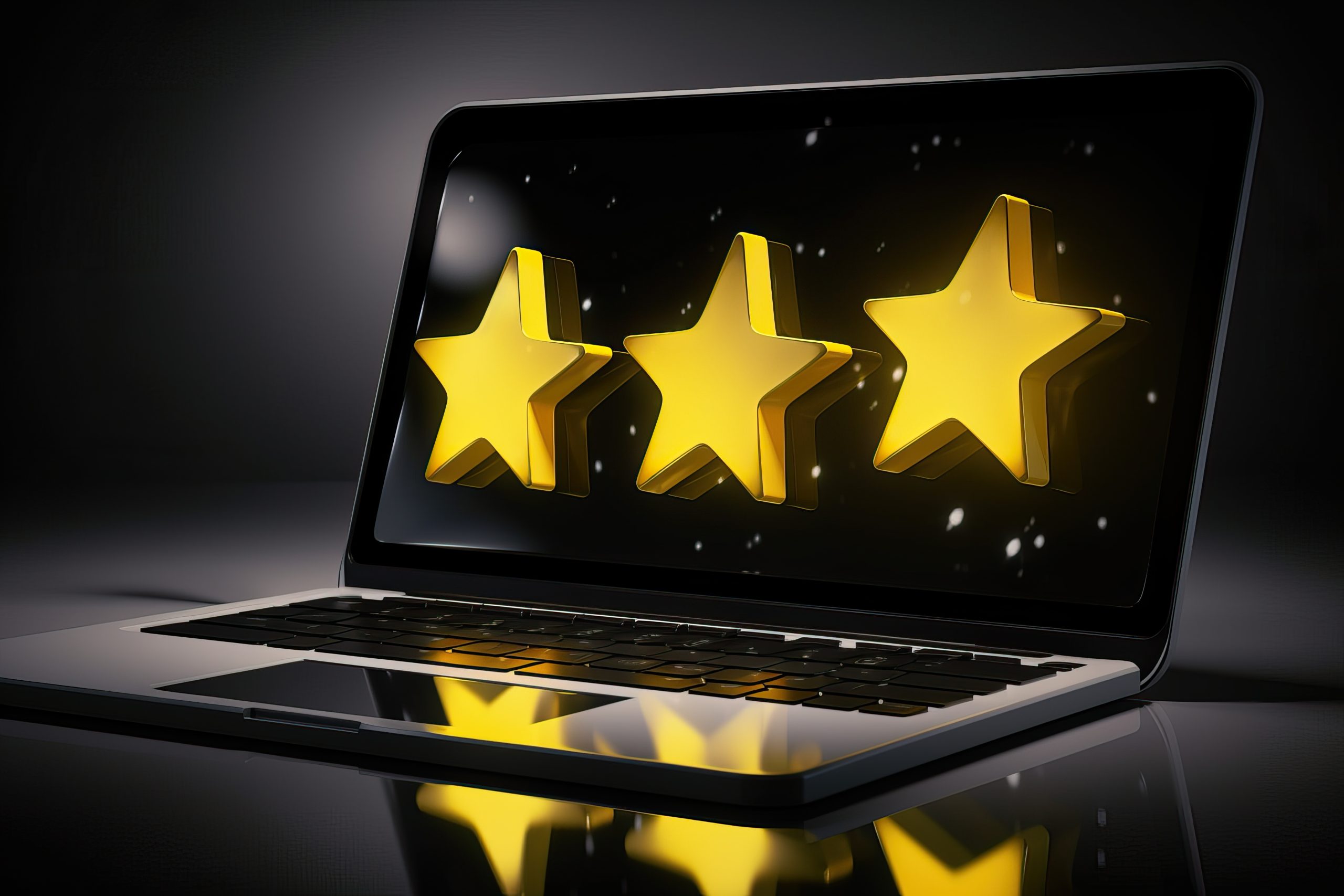 Laptop with review rating. Reviews stars with good and bad rate. AI generated